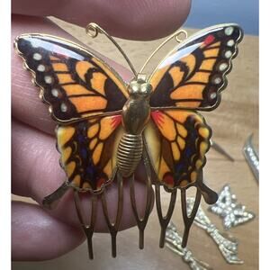 Lot Of 8 Vtg Gold Tone Hair Barrettes Pins Clips Rhinestone Butterfly Bow Reed